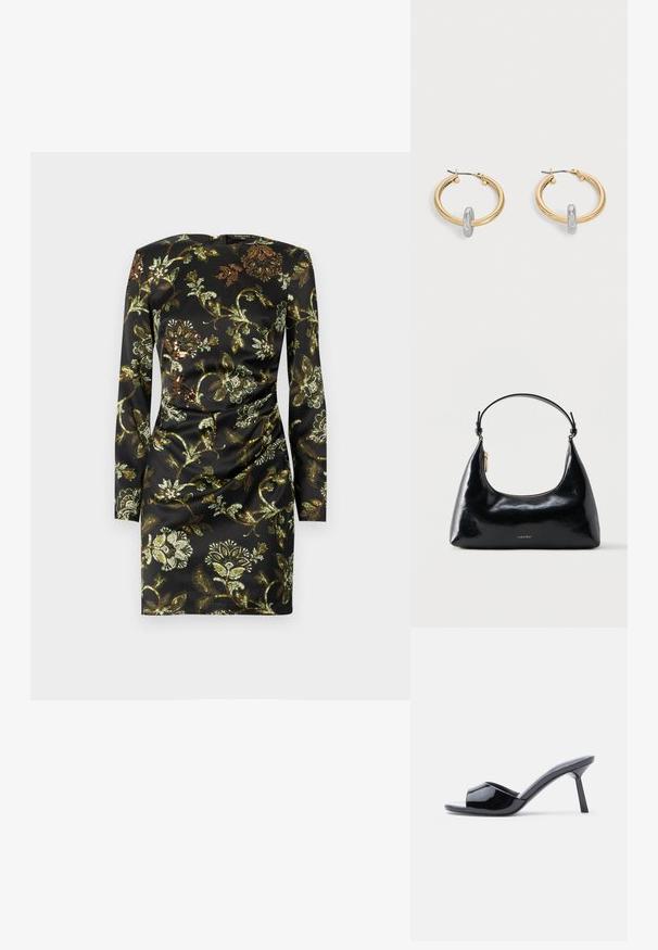Robe noire à manches longues ornée d'un motif floral doré et vert, confectionnée en tissu lisse avec un détail froncé à la taille.; Sandales à talons ouverts en cuir verni noir, avec un design supérieur incurvé et un talon aiguille effilé. Finition lisse et brillante.; Sac à main Calvin Klein noir brillant avec fermeture éclair dorée et anse courte sur fond blanc uni.; Paire de boucles d'oreilles créoles dorées avec un petit détail boucle ton argent sur chaque, exposées sur fond gris clair.