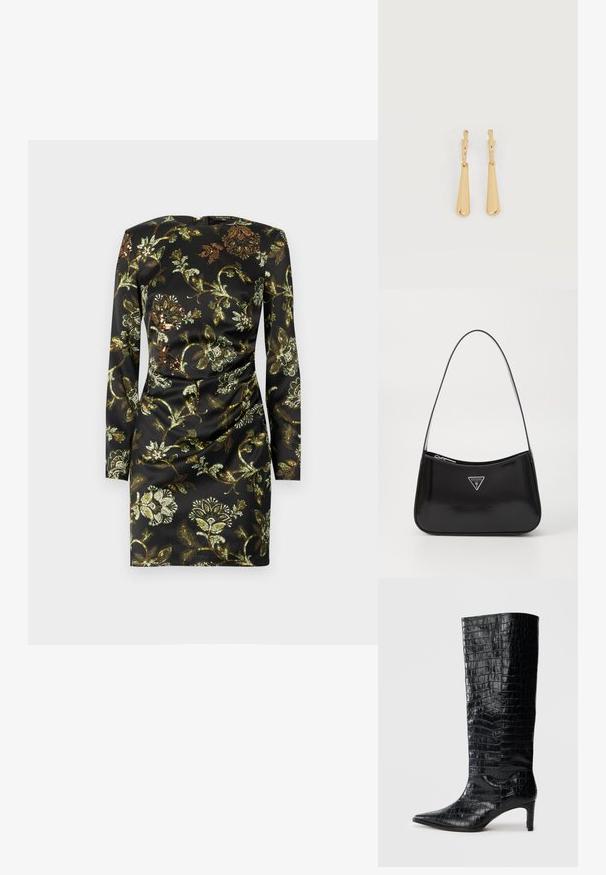 Robe noire à manches longues ornée d'un motif floral doré et vert, confectionnée en tissu lisse avec un détail froncé à la taille.; Bottes noires montantes, avec une texture brillante à motif crocodile, bout pointu et talon effilé. Matériau synthétique lisse.; Sac à épaule en cuir verni noir avec une forme incurvée, présentant un logo triangle en argent et une fermeture éclair. Texture lisse et bandoulière fine.; Boucles d'oreilles pendantes en ton or avec des pendentifs lisses en forme de goutte allongée suspendus à de petites attaches en forme d'anneau sur un fond blanc.