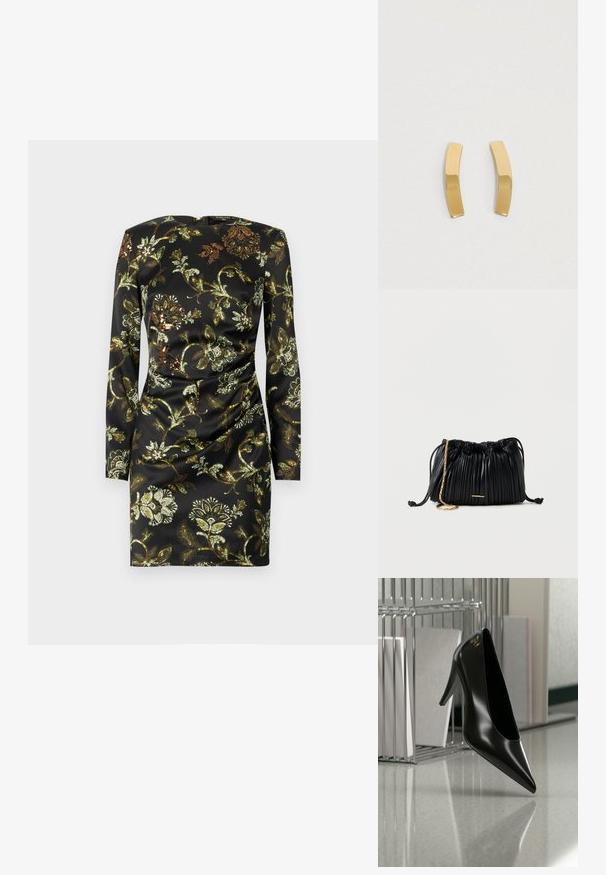 Robe noire à manches longues ornée d'un motif floral doré et vert, confectionnée en tissu lisse avec un détail froncé à la taille.; Chaussure noire à talon haut avec bout pointu et logo doré, posée sur une surface réfléchissante près d'un organiseur de dossiers en fil chromé contenant des documents.; Sac à main en cuir noir plissé avec cordon de serrage, bandoulière chaîne dorée et petit accent horizontal doré sur le devant.; Boucles d'oreilles en métal doré avec un design cintré et allongé. La surface est lisse et polie, arborant un style minimaliste.