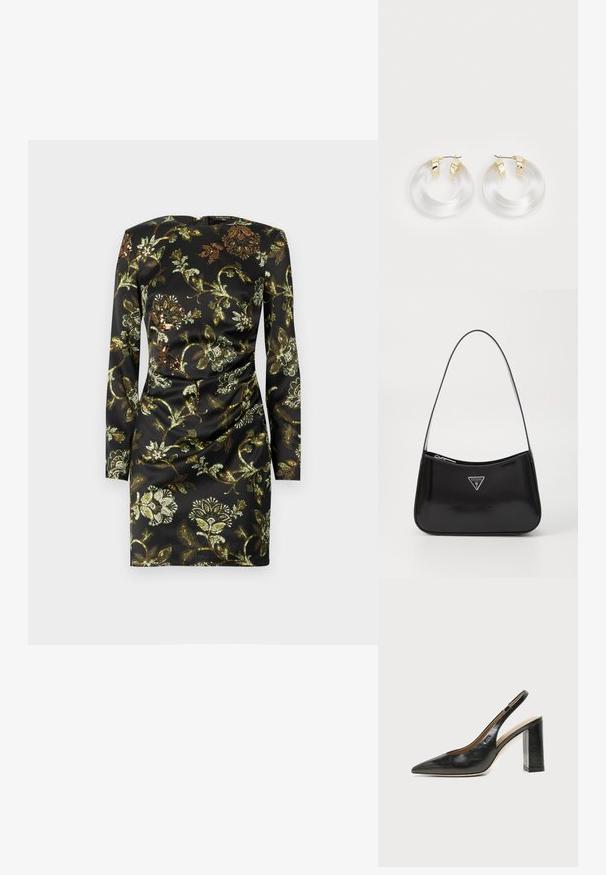 Robe noire à manches longues ornée d'un motif floral doré et vert, confectionnée en tissu lisse avec un détail froncé à la taille.; Chaussure slingback en cuir noir à bout pointu avec un talon bloc haut et une doublure intérieure beige sur un fond clair uni.; Sac à épaule en cuir verni noir avec une forme incurvée, présentant un logo triangle en argent et une fermeture éclair. Texture lisse et bandoulière fine.; Boucles d'oreilles en acrylique transparent avec des accents en métal doré et une finition polie. Présente un design circulaire lisse.