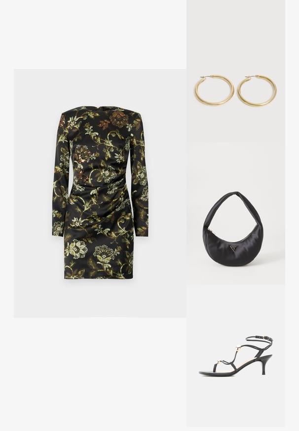 Vestido negro de manga larga con un estampado floral en dorado y verde, hecho de una tela suave con un detalle fruncido en la cintura.; Sandalia negra con tiras, tacón medio, cuentas doradas de acento y una correa en el tobillo con hebilla sobre fondo blanco.; Bolso de satén negro con forma curva, que cuenta con un cierre de cremallera y un logo triangular en metal en la parte delantera. Textura suave y diseño elegante.; Par de pendientes de aro de oro liso y brillante con postes delgados y cierres con bisagra sobre un fondo claro y sencillo.