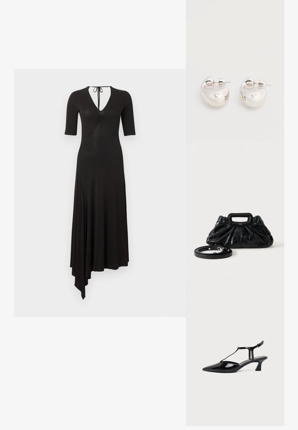 Robe noire à ourlet asymétrique avec manches mi-longues, encolure en V et fermeture par lien à l'arrière du cou.; Chaussure slingback en cuir verni noir à bout pointu avec bride en T et petit talon bloc incliné sur fond blanc.; Petit sac à main en cuir noir avec texture froncée, poignée rectangulaire et fine bandoulière amovible placée à côté.; Paire de boucles d'oreilles argentées brillantes et épaisses avec fermoirs à tige, sur fond blanc uni.