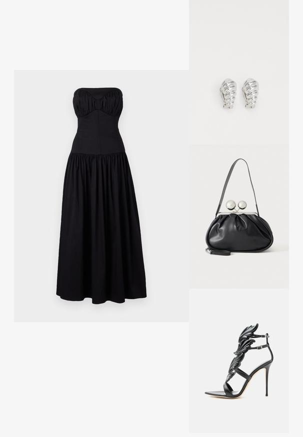 Schwarzes, trägerloses Maxikleid mit tailliertem Oberteil und gerafftem Rock. Hergestellt aus glattem Stoff, mit herzförmigem Ausschnitt und Rüschendetails.; Schwarze Sandale mit hohem Absatz, mit glänzenden, flügelförmigen Dekorelementen und doppelten Knöchelriemen mit silbernen Schnallen.; Schwarze Ledertasche mit gerafftem Design, einem einzelnen Riemen, silbernem Metallrahmen und zwei großen runden silbernen Verschlüssen.; Silberne Clip-On-Ohringe mit spiralförmigem Design, das eine glatte metallische Textur und abgerundete Formen aufweist. Keine sichtbaren Verzierungen oder Muster.