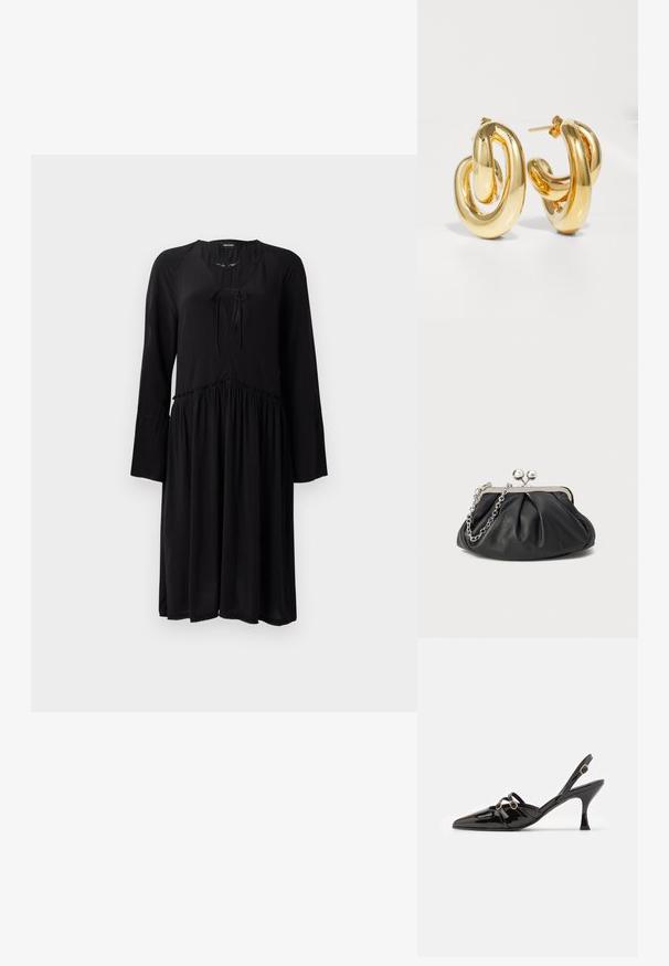 Sort kjole lavet af letvægtsstof med lange, udvidede ærmer, en V-udskæring med snøre og en indsnævret talje, der fører til en flydende nederdel.; ALOHAS JOELLE ONIX - Pumps - black; Sort læder clutch med samlet tekstur, sølvfarvet metalramme, kys-lås lukning og kædestrop. Glat, blød overflade.; Charlotte Chesnais BO INITIAL BLOW - Øreringe - gold-coloured