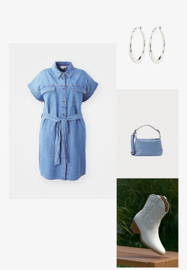 Denim shirtdress met korte mouwen, knoopsluiting aan de voorzijde, twee borstzakken en een strikceintuur; heeft een rechte snit en een middellange ontwerp.; Witte leren cowboylaars tot halverwege de kuit met decoratief stiksel en een opgestapelde houten hak, rustend op een houten oppervlak buiten.; Lichtblauwe handtas met krokodillenprint, voorzien van een korte handgreep en een afneembare schouderriem. Gladde textuur met een ritssluiting.; Zilveren oorbellen in de vorm van een gladde, glanzende ring. Circulaire vorm, voorzien van een veilige sluiting. Eenvoudig en elegant ontwerp.