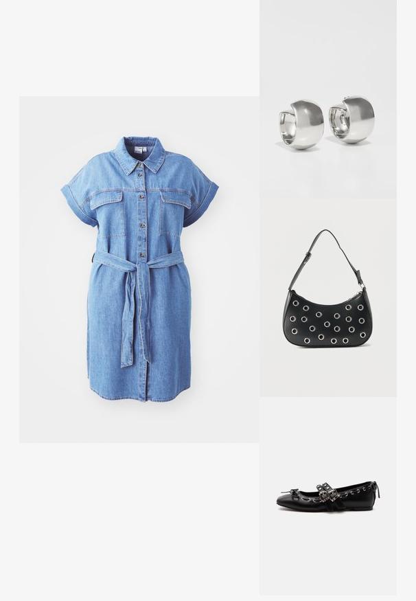 Denim shirtdress met korte mouwen, knoopsluiting aan de voorzijde, twee borstzakken en een strikceintuur; heeft een rechte snit en een middellange ontwerp.; Zwarte platte balletschoen met dubbele gespsluitingen, zilveren oogjes en een klein strikje nabij de afgeronde neus op een witte achtergrond.; Zwarte leren schoudertas met verstelbare riem, voorzien van zilveren metalen oogjes en een ritssluiting bovenaan.; Uncommon Matters SCULPTURAL LARGE CREOLE - Oorbellen - silver-coloured