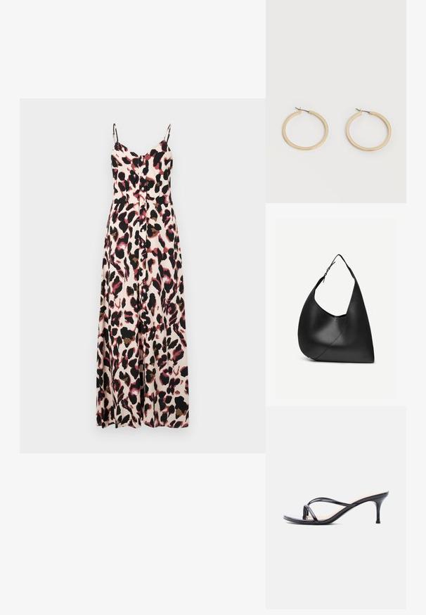 Maxime dress with thin straps, featuring a pink and black animal print pattern. Made from lightweight fabric, it has a relaxed fit and button detailing.; Musta kiiltävä nahkainen korkokenkä, jossa ohuet ristikkäiset hihnat ja kapea, keskipitkä piikkikorko valkoisella taustalla.; Mustasta nahasta valmistettu olkalaukku, jossa on kaareva kolmion muotoinen muoto, säädettävä olkahihna ja näkyvä vinoviiva etupuolella.; Pari sileitä, kultasävyisiä keskipitkiä rengaskorvakoruja saranakiinnityksillä yksinkertaisella vaalealla taustalla.