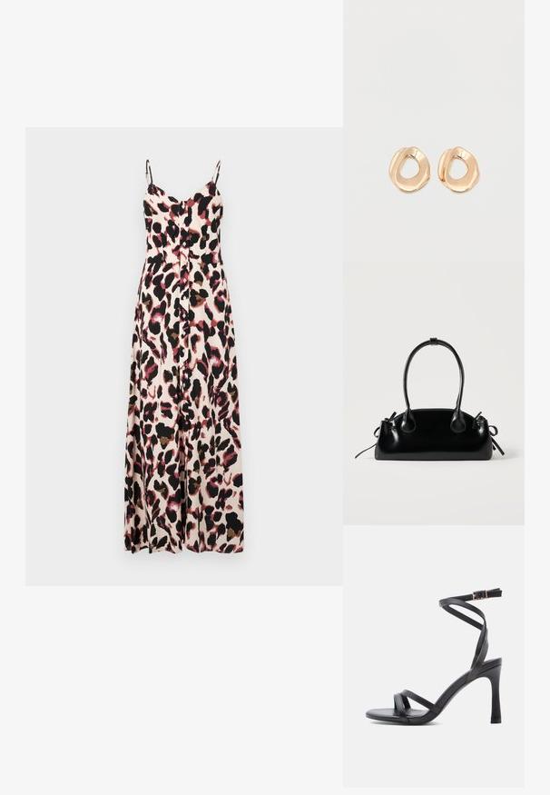 Maxime dress with thin straps, featuring a pink and black animal print pattern. Made from lightweight fabric, it has a relaxed fit and button detailing.; Musta korkokengät, joissa on tyylikäs muotoilu, sisältäen kaksi kapeaa remmiä varpaiden yli ja ristikkäisen nilkkaremmin, jossa on solki.; Pieni musta kiiltävä käsilaukku, jossa on kaksi pitkää kantokahvaa ja sivulla nyöritys yksityiskohtia yksinkertaisella vaalealla taustalla.; Pari epäsäännöllisen muotoisia, kullansävyisiä kiillotettuja metalliprimenejä korvakoruja, joissa on avoin keskusta valkoisella taustalla.