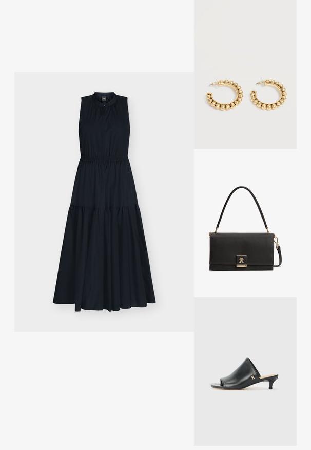 Robe midi noire sans manches avec taille froncée, encolure ronde avec fermeture à bouton et jupe fluide à volants.; Mules ouverts en cuir noir avec un talon bas. Présentent une surface lisse et un accent logo doré sur le côté.; Sac à main en cuir noir texturé avec une poignée supérieure, un fermoir doré présentant un logo TH entrelacé, et une bandoulière détachable.; Paire de boucles d’oreilles créoles dorées avec des détails de perles arrondies le long du bord extérieur sur un fond clair.