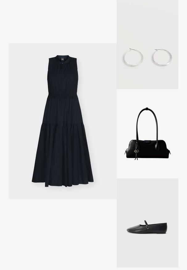 Robe midi noire sans manches avec taille froncée, encolure ronde avec fermeture à bouton et jupe fluide à volants.; Ballerines noires en cuir avec un bout pointu, une semelle plate et une petite sangle avec un détail de boucle en argent.; Sac à main en cuir noir Calvin Klein avec de longues anses, une étiquette logo à l'avant et un charme géométrique argenté suspendu à une anse.; Boucles d’oreilles créoles en métal argenté avec une surface lisse légèrement incurvée et des fermoirs à clapet sur un fond blanc uni.