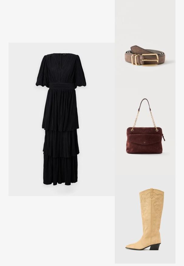 Schwarzes, plissiertes Maxikleid mit V-Ausschnitt, kurzen Puffärmeln und gestuften Design. Glatte Textur mit dezenten vertikalen Streifen.; RAID VAANYA - Cowboy-/Bikerboot - nude; Braune Wildleder-Handtasche mit Frontklappentasche, goldenen Kettenriemen und Reißverschluss oben, gezeigt vor einfachem weißem Hintergrund.; Gerollter brauner Wildledergürtel mit rechteckiger goldener Schnalle und zwei goldenen Gürtelschlaufen auf einem schlichten hellen Hintergrund.