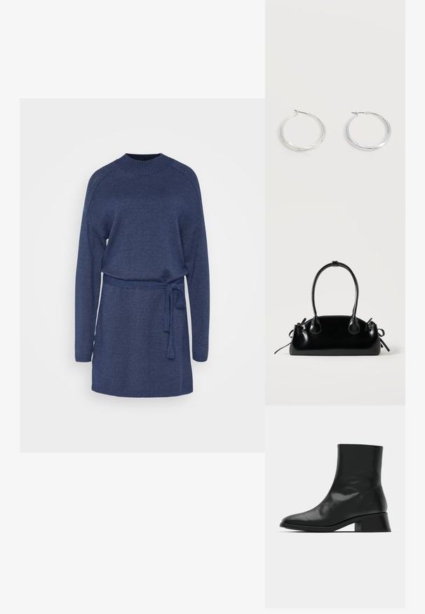 Vestido de punto azul marino con mangas largas, cuello redondo y cintura ceñida con cinturón. Presenta puños y dobladillo acanalados para añadir textura.; Botín negro de tobillo hecho de cuero brillante, con un diseño elegante, punta afilada y un tacón bloque moderado para mayor estabilidad.; Pequeño bolso negro brillante con dos asas largas y detalles de cordón lateral sobre un fondo claro liso.; Pendientes de aro de metal plateado con superficie lisa y ligeramente curvada y cierre de tipo mosquetón sobre un fondo blanco liso.