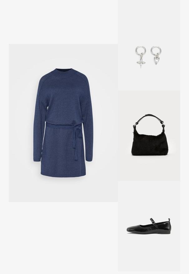 Robe en tricot marine à manches longues, col rond et taille ceinturée. Comprend des poignets et un ourlet côtelés pour une texture supplémentaire.; Chaussure plate en cuir verni noir avec un bout pointu, une sangle de cheville avec boucles, et une texture lisse et brillante. Talon bas pour le confort.; Sac à main en fausse fourrure noire avec une texture douce, une forme arrondie et une bandoulière en cuir noir robuste. Accent en métal argenté visible.; Boucles d'oreilles en argent en forme de cerceau avec un charme croix et cœur. Texture lisse et brillante avec une finition polie. Chaque charmepend d'une boucle sécurisée.
