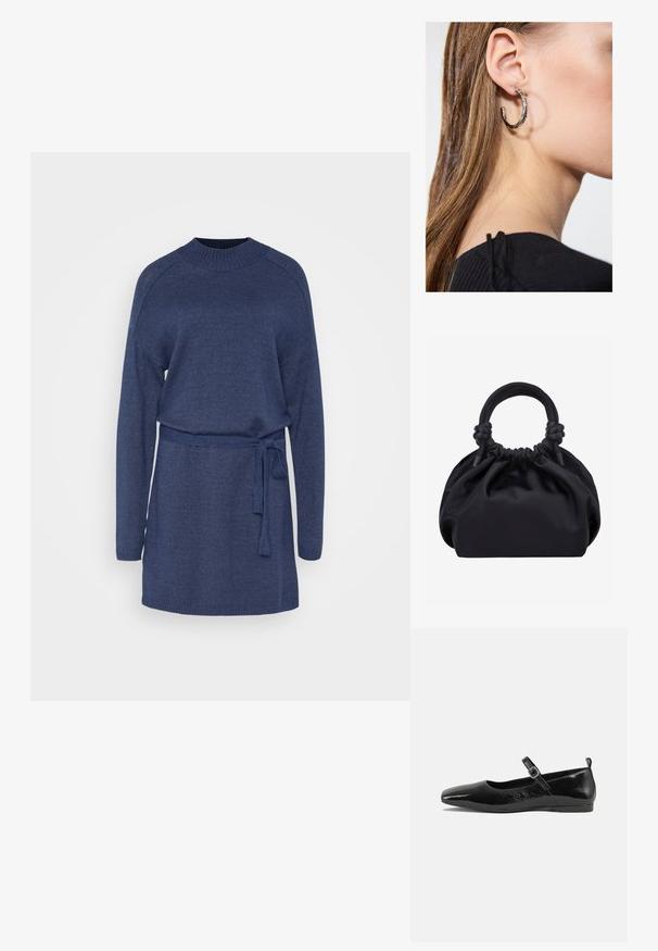 Robe en tricot marine à manches longues, col rond et taille ceinturée. Comprend des poignets et un ourlet côtelés pour une texture supplémentaire.; Chaussure plate en cuir verni noir avec un bout pointu, une sangle de cheville avec boucles, et une texture lisse et brillante. Talon bas pour le confort.; Sac à main en tissu noir doux avec haut froncé et poignées circulaires rembourrées nouées de chaque côté.; Boucle d'oreille en argent avec une finition polie, présentant de petits détails en or et de forme ronde, portée sur le lobe.