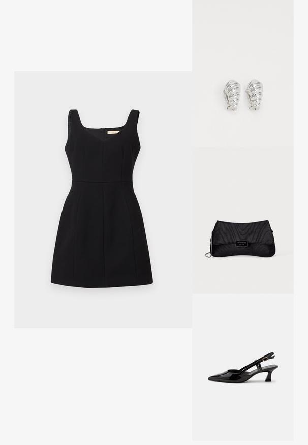 Robe noire sans manches avec un décolleté en V, en tissu texturé, buste ajusté et jupe évasée. Comprend deux poches latérales et une fermeture à glissière au dos.; Chaussure slingback en cuir verni noir à petit talon, bout pointu et bride réglable avec boucle dorée sur fond blanc.; Pochette noire en tissu texturé avec bandoulière chaîne argentée, dotée d'une plaque centrale avec le logo Emporio Armani noir et argenté.; Boucles d'oreilles en clip argentées avec un design en spirale, présentant une texture métallique lisse et des formes arrondies. Pas d'embellissements ou de motifs visibles.