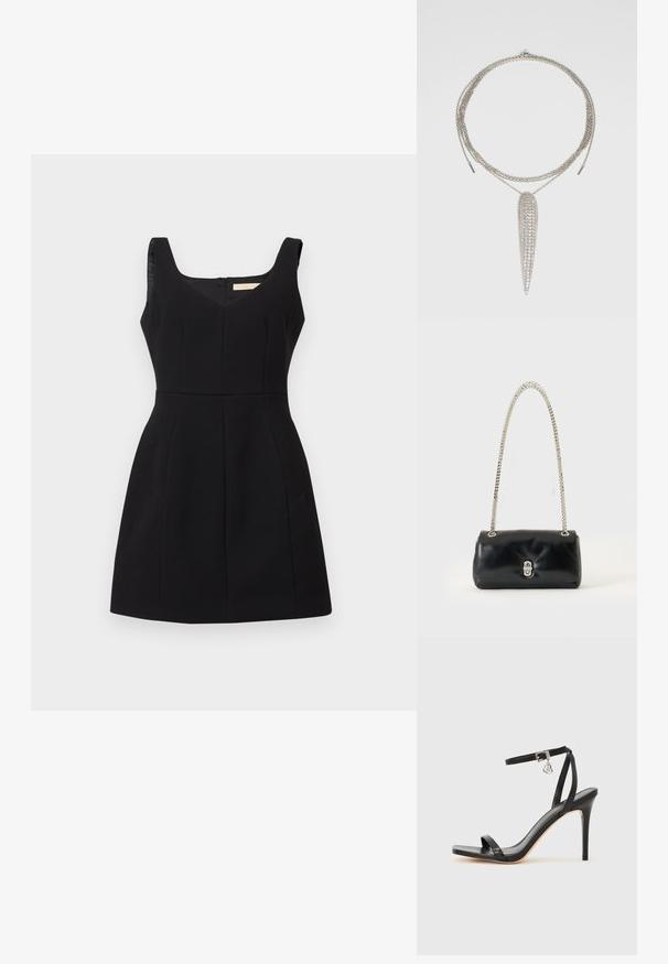 Robe noire sans manches avec un décolleté en V, en tissu texturé, buste ajusté et jupe évasée. Comprend deux poches latérales et une fermeture à glissière au dos.; Sandale à talon haut noire avec une bride étroite à la cheville, bout carré, cuir lisse et accent de boucle métallique.; Sac à main en cuir noir avec une bandoulière chaîne argentée et un fermoir argenté, exposé sur un fond uni clair.; Collier en argent avec trois chaînes superposées et un pendentif élégant et allongé décoré de plusieurs strass transparents.