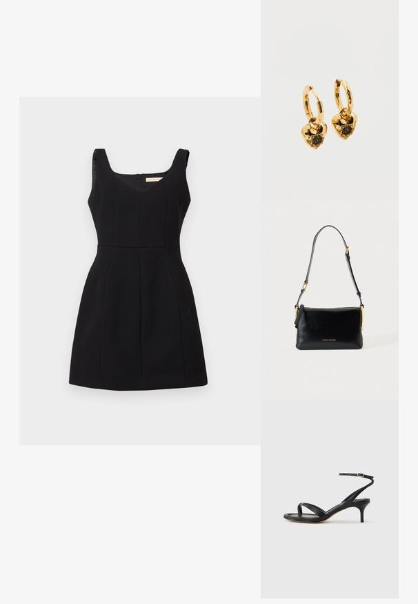 Robe noire sans manches avec un décolleté en V, en tissu texturé, buste ajusté et jupe évasée. Comprend deux poches latérales et une fermeture à glissière au dos.; Sandale pour femme en cuir noir avec fines lanières, une boucle d'orteil, une boucle à la cheville et un talon aiguille de hauteur moyenne sur un fond neutre.; Sac d'épaule en cuir noir avec sangle réglable et quincaillerie dorée, avec petit logo doré "Marc Jacobs" au centre avant.; Boucles d'oreilles créoles en or avec pendentifs en forme de cœur. Chaque cœur présente une surface texturée et une pierre précieuse noire centrale sertie de griffes.