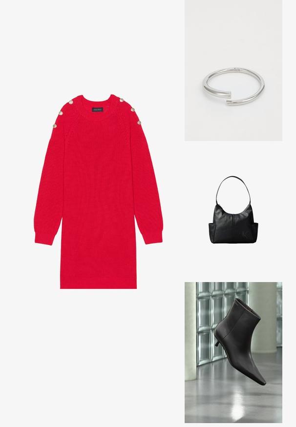 Robe en tricot rouge avec des manches longues, des poignets côtelés et des boutons aux épaules. Elle possède un col rond et une coupe décontractée.; Bottine en cuir noir avec bout pointu et petit talon, présentée devant un mur en blocs de verre et un sol poli.; Sac à bandoulière en cuir noir avec une seule bandoulière, des poches latérales et un logo Calvin Klein discrètement embossé en bas à droite sur le devant.; Calvin Klein SPIRAL - Bracelet - silver-coloured