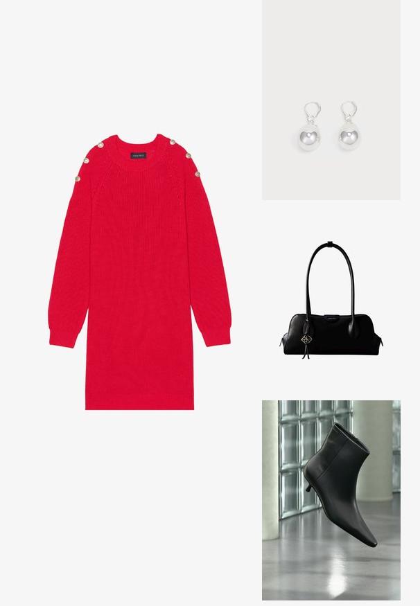 Robe en tricot rouge avec des manches longues, des poignets côtelés et des boutons aux épaules. Elle possède un col rond et une coupe décontractée.; Bottine en cuir noir à bout pointu et petit talon kitten, présentée en angle devant un sol poli et un mur en blocs de verre.; Sac à main en cuir noir Calvin Klein avec de longues anses, une étiquette logo à l'avant et un charme géométrique argenté suspendu à une anse.; Boucles d'oreilles en argent en forme de goutte avec des surfaces lisses, rondes et réfléchissantes, suspendues à des fermoirs à ressort. L'arrière-plan est blanc uni.