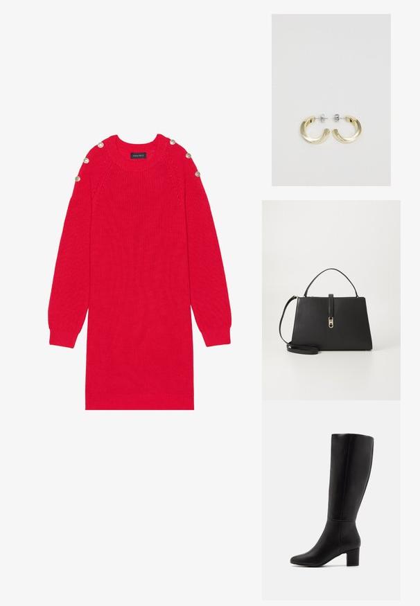 Vestido de punto rojo con mangas largas, puños acanalados y botones en los hombros. Presenta un cuello redondo y un corte relajado.; Anna Field by Zalando Botas - black; Tommy Hilfiger TH LIBRE MED SATCHEL - Bolso de mano - black; Pendientes de aro de metal en tono dorado con un acabado liso y brillante y un diseño parcialmente circular. Sujetos con postes en tono plateado y cierres traseros.