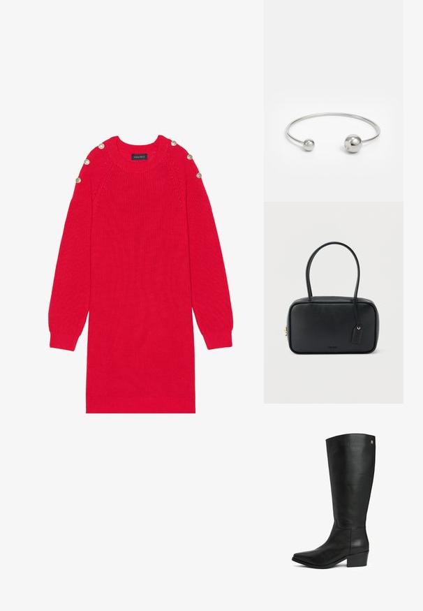 Vestido de punto rojo con mangas largas, puños acanalados y botones en los hombros. Presenta un cuello redondo y un corte relajado.; Bota de cuero negra hasta la rodilla con tacón bajo y pequeño logo dorado cerca del borde superior, punta en ángulo sobre fondo blanco.; Bolso rectangular negro con asas dobles redondeadas, cremallera dorada y logo "HUGO" en relieve en el frente con etiqueta de cuero adjunta.; Brazalete de metal plateado con dos acentos esféricos en cada extremo, superficie lisa, diseño abierto y forma elegante y minimalista.