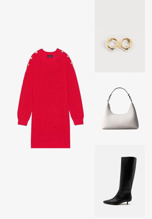 Vestido de punto rojo con mangas largas, puños acanalados y botones en los hombros. Presenta un cuello redondo y un corte relajado.; Bota alta de cuero negro hasta la rodilla con puntera puntiaguda y tacón bajo tipo kitten sobre un fondo claro y liso.; Bolso de hombro de cuero color crema de Calvin Klein con borde superior curvado, cremallera plateada y correa ajustable marrón oscuro.; Pendientes circulares de oro con dos pequeños anillos de plata en cada uno, que muestran detalles sutiles del nombre de la marca grabado, colocados sobre un fondo blanco.