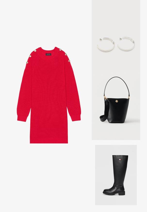 Robe en tricot rouge avec des manches longues, des poignets côtelés et des boutons aux épaules. Elle possède un col rond et une coupe décontractée.; Bottes noires montantes en cuir lisse avec une semelle en caoutchouc texturée, dotées d'une petite étiquette logo en rouge, blanc et bleu.; Sac seau en cuir noir avec une courte poignée et une large bandoulière en tissu amovible, avec un petit emblème rond doré sur le devant.; Boucles d'oreilles demi-cercles ton argent avec texture striée et fermoirs à pression sur fond blanc.