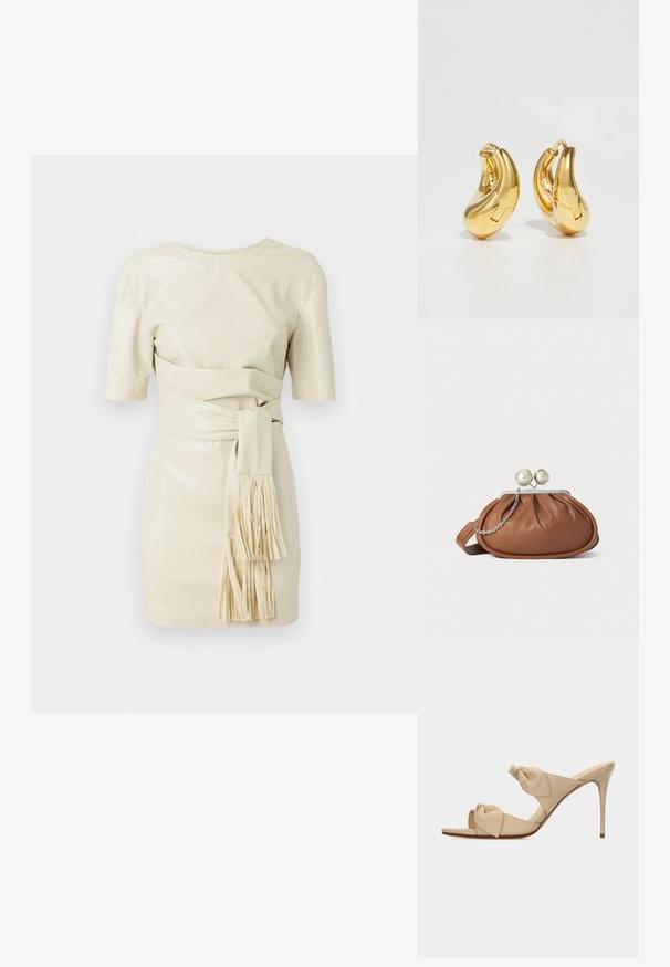 Vestido de cuero crema con mangas cortas, un corsé ajustado y un cinturón atado con detalle de flecos. Textura suave y diseño minimalista.; Sandalia mule de tacón alto color beige con dos tiras nudo retorcidas y tacón stiletto delgado sobre fondo blanco.; Bolso de mano de cuero marrón con cierre de bola plateada y un pequeño detalle de cadena plateada sobre un fondo blanco.; Pendientes de aro de oro con forma curva y suave, y acabado pulido. Presentan un mecanismo de cierre y ligeras indentaciones para un toque de detalle.