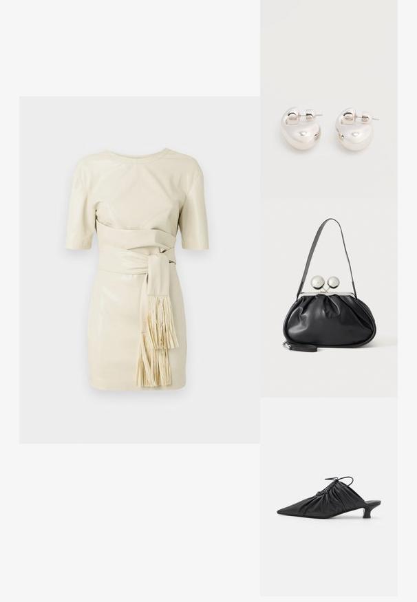 Vestido de cuero crema con mangas cortas, un corsé ajustado y un cinturón atado con detalle de flecos. Textura suave y diseño minimalista.; Mules negros de cuero sin hebillas con punta afilada, textura recogida y un pequeño tacón de gato. Presentan un detalle de cordón en la abertura.; Bolso de mano de cuero negro con diseño fruncido, una sola correa, marco metálico plateado y dos cierres grandes redondos de plata.; Par de pendientes llamativos de aro grueso plateado brillante con cierre de poste sobre un fondo blanco liso.