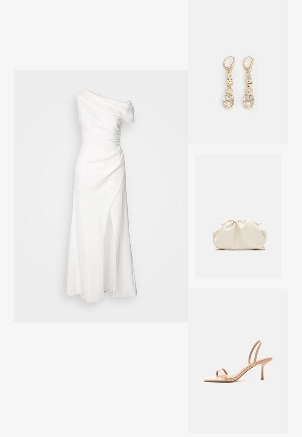 Eén-schouder witte jurk met gedrapeerde stof, een aansluitende taille en een zijsplit. Gladde textuur en een vloerlange design, wat zorgt voor een elegante silhouette.; Beige sandaal met hoge hak en dunne bandjes over de tenen en rond de hiel, met een vierkante neus en een smalle naaldhak op witte achtergrond.; Zachte, crèmekleurige leren clutch met geplooid, gerimpeld ontwerp en een dunne schouderriem die vooraan op een effen achtergrond ligt.; Goudkleurige oorhangers met een heldere ovale crystal aan de basis, verfraaid met kleinere kristallen en bloemdetails erboven.