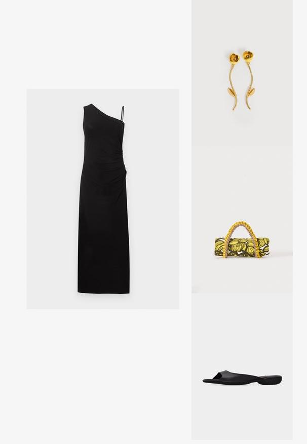 Robe longue noire sans manches avec une bretelle et un détail froncé sur le côté droit.; Sandale noir à enfiler à bout ouvert avec semelle texturée et design minimaliste, vue de côté sur un fond gris clair uni.; Sac rectangulaire avec motif floral jaune et noir et anse tressée jaune et rose sur fond blanc.; Boucles d'oreilles dorées en forme de fleurs avec des tiges courbées et une seule feuille sur chaque tige, sur fond blanc.