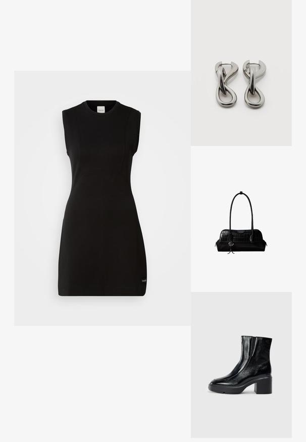 Vestido negro ajustado sin mangas de Calvin Klein con escote redondo y sutiles detalles de costura sobre un fondo blanco.; Botas de tobillo de charol negro con puntera curva, paneles laterales elásticos y un tacón ancho. Presentan un logo embosado en la parte posterior.; Bolso de hombro negro de cuero con textura de cocodrilo, con correas largas y un pequeño colgante de logo plateado en una correa.; Par de pendientes de metal con acabado plateado y diseño abstracto de bucles entrelazados sobre un fondo blanco.