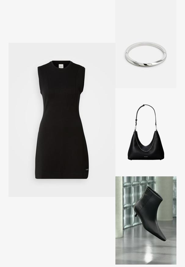 Ärmelloses schwarzes, tailliertes Kleid von Calvin Klein mit rundem Ausschnitt und dezenten Nahtdetails auf einem weißen Hintergrund.; Schwarzer Leder-Stiefelette mit spitzer Zehenpartie und niedrigem Kitten-Heel, schräg dargestellt vor einem polierten Boden und einer Glasbausteinwand.; Schwarze Lederhandtasche mit silberner Kettendetail und verstellbarem Schulterriemen, mit Calvin Klein Logo auf der Vorderseite.; Silbernes Metallarmband mit einer glatten, glänzenden Oberfläche und flachen Kanten. Verfügt über ein offenes, kreisförmiges Design mit einem subtilen Verschlussdetail.