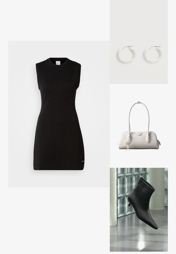 Vestido negro ajustado sin mangas de Calvin Klein con escote redondo y sutiles detalles de costura sobre un fondo blanco.; Botín negro de cuero con punta puntiaguda y tacón bajo estilo kitten, mostrado en ángulo sobre un suelo pulido y con una pared de bloques de vidrio de fondo.; Bolso de hombro blanco de Calvin Klein con asas largas, forma rectangular, cierre de cremallera y charm decorativo con el logo colgando cerca del asa.; Par de pendientes de aro plateados brillantes de tamaño mediano con cierres metálicos finos sobre un fondo neutro claro.