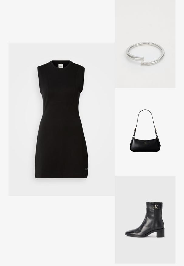 Ärmelloses schwarzes, tailliertes Kleid von Calvin Klein mit rundem Ausschnitt und dezenten Nahtdetails auf einem weißen Hintergrund.; Schwarze Leder-Ankle Boots mit spitzem Zehenbereich, Blockabsatz und einem Riemen mit einem metallischen Logodetail. Glatte Textur und minimales Design.; Schwarze kleine Lederschultertasche mit dünnem Riemen und kleinem goldenem CK-Logo auf der Vorderseite in der Mitte.; Calvin Klein SPIRAL - Armband - silver-coloured