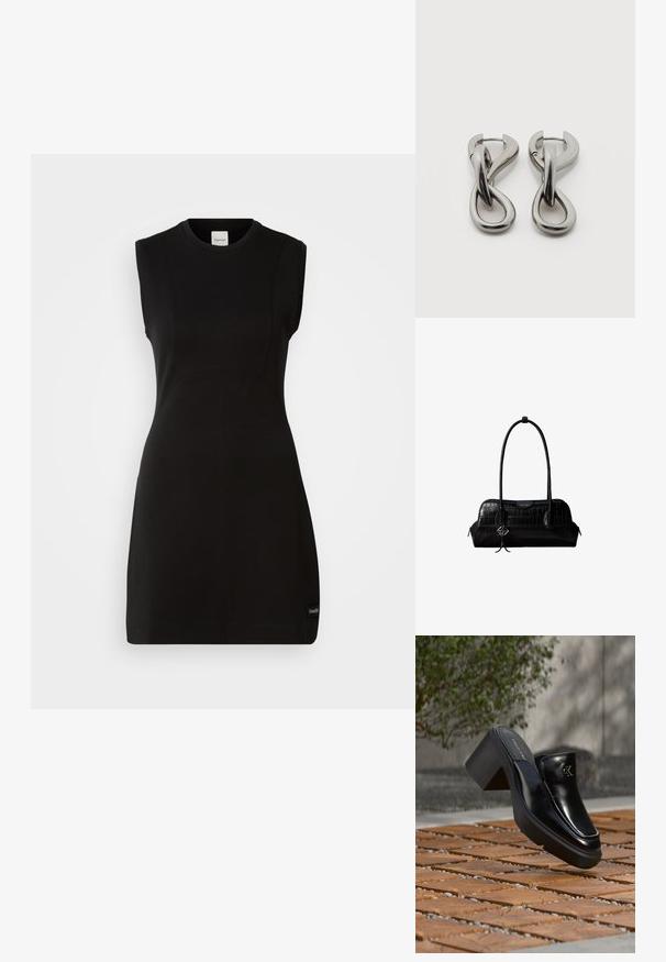 Ärmelloses schwarzes, tailliertes Kleid von Calvin Klein mit rundem Ausschnitt und dezenten Nahtdetails auf einem weißen Hintergrund.; Schwarze Leder-Slip-on-Mule von Calvin Klein mit Blockabsatz, die auf Holzfliesen im Freien nahe einer grünen Pflanze und einer grauen Wand ruht.; Schwarze Umhängetasche aus krokodilstrukturiertem Leder mit langen Riemen und einem kleinen silbernen Logocharm an einem Riemen.; Paar silberfarbene Metallohrringe mit abstraktem ineinandergreifendem Schlaufen-Design auf weißem Hintergrund.