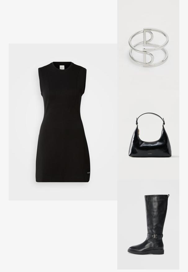 Vestido negro ajustado sin mangas de Calvin Klein con escote redondo y sutiles detalles de costura sobre un fondo blanco.; Bota de cuero negro hasta la rodilla con tacón bajo, punta redonda y correa con hebilla metálica de logo "CK" alrededor del tobillo.; Bolso negro brillante de Calvin Klein con cremallera dorada y correa corta sobre un fondo blanco liso.; Brazalete de metal plateado con un diseño de doble lazo, acabado liso y brillante, y un acento geométrico minimalista.