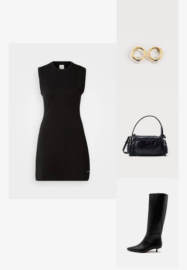 Ärmelloses schwarzes, tailliertes Kleid von Calvin Klein mit rundem Ausschnitt und dezenten Nahtdetails auf einem weißen Hintergrund.; Schwarzer kniehoher Lederstiefel mit spitz zulaufender Schuhspitze und niedrigem Kittenabsatz vor einem schlichten hellen Hintergrund.; Schwarze Nylon-Handtasche mit einem plüschigen Design, abgerundetem Schultergurt, einer vorderen Reißverschlusstasche und einem dezenten, auf der Vorderseite geprägten Logo.; Goldene runde Ohrringe mit jeweils zwei kleinen silbernen Ringen, die dezent gravierte Markennamen zeigen, vor weißem Hintergrund platziert.