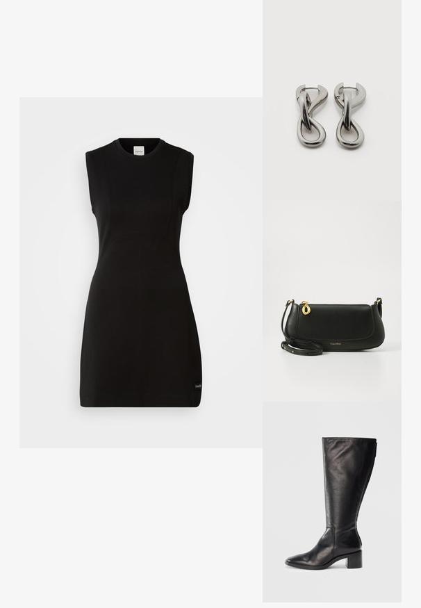 Ärmelloses schwarzes, tailliertes Kleid von Calvin Klein mit rundem Ausschnitt und dezenten Nahtdetails auf einem weißen Hintergrund.; Schwarze Lederkniehohe Stiefel mit quadratischer Spitze, Blockabsatz und schlankem Design. Glatte Textur mit einem seitlichen Reißverschluss für einfaches Anziehen.; Schwarze Leder-Umhängetasche mit glatter Textur, goldenen Hardware-Akzenten, einem Reißverschluss und einem Logo entlang der unteren Kante.; Paar silberfarbene Metallohrringe mit abstraktem ineinandergreifendem Schlaufen-Design auf weißem Hintergrund.