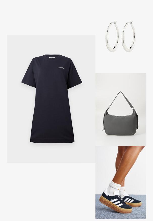 Zwarte katoenen T-shirt met korte mouwen, ronde hals, ontspannen pasvorm, voorzien van een klein, wit gedrukt logo op de borst en een gladde textuur.; Ben met witte sokken en zwarte Adidas Gazelle sneakers met witte strepen en dikke bruine zolen op een grijs tapijt.; Grijze, gewatteerde schoudertas met een gebogen vorm, een gladde textuur, een verstelbare schouderband en een subtiel reliëflogo aan de voorkant.; Zilveren oorbellen in de vorm van een gladde, glanzende ring. Circulaire vorm, voorzien van een veilige sluiting. Eenvoudig en elegant ontwerp.
