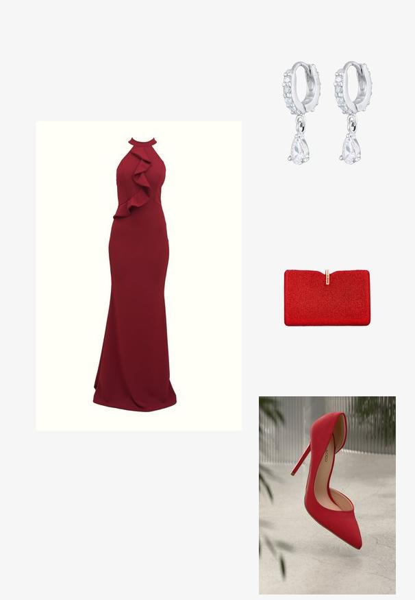 Bordeaux halterjurk met ruches aan de zijkant; aansluitende silhouet; gemaakt van gladde, rekbare stof; vloerlange ontwerp.; Rode hoge hak schoen met een spitse neus en een glanzende suede afwerking. Voorzien van een stiletto hak en een gouden accent aan de basis van de hak.; Rechthoekige rode clutchtas bedekt met kleine rode strass-steentjes en een goudkleurige sluiting met drie rode edelstenen in het midden bovenaan.; Zilveren ringoorbellen met kleine heldere edelstenen op de bovenste helft, vergezeld van een hangende peervormige kristal aan elke ring.