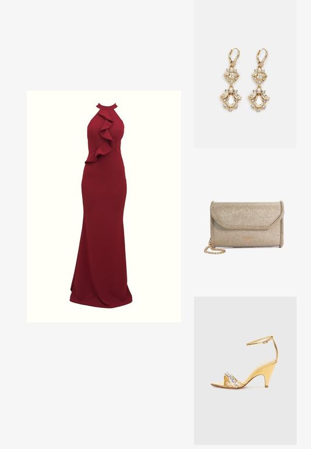 Vestido burdeos sin mangas con detalles en volantes a los lados; silueta ajustada; hecho de tela suave y elástica; diseño hasta el suelo.; Sandalia con tacón dorado de diseño con tiras, que presenta una banda decorada con strass. Punta abierta, correa ajustable en el tobillo y tacón afilado.; Bolso de mano dorado con una superficie texturizada, que presenta un cierre de solapa, una cadena como asa y un logo grabado en la parte frontal.; Pendientes colgantes en tono dorado con un diseño de racimo que incluye cristales claros en forma redonda y de lágrima, mostrando un detallado intrincado.
