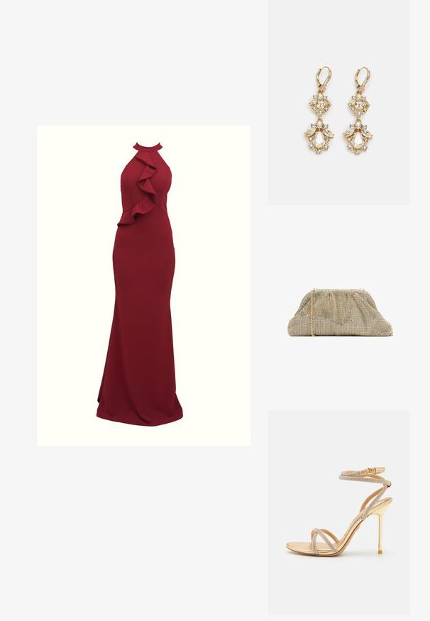 Burgundy halterneck kjole med flæset detalje på siden; tætsiddende silhuet; lavet af glat, strækbart stof; gulvlængde.; ALDO MANAELDEN PILLOW WALK - Højhælede sandaletter / Højhælede sandaler - gold-coloured; Metalisk guldnettaske med samlet top og kæderem. Har et mønster af små skinnende elementer i et gitter og en struktureret form.; Guldtonede chandelierøreringe med en klynge-design, der har runde og tårnformede klare krystaller, der fremhæver detaljerne.