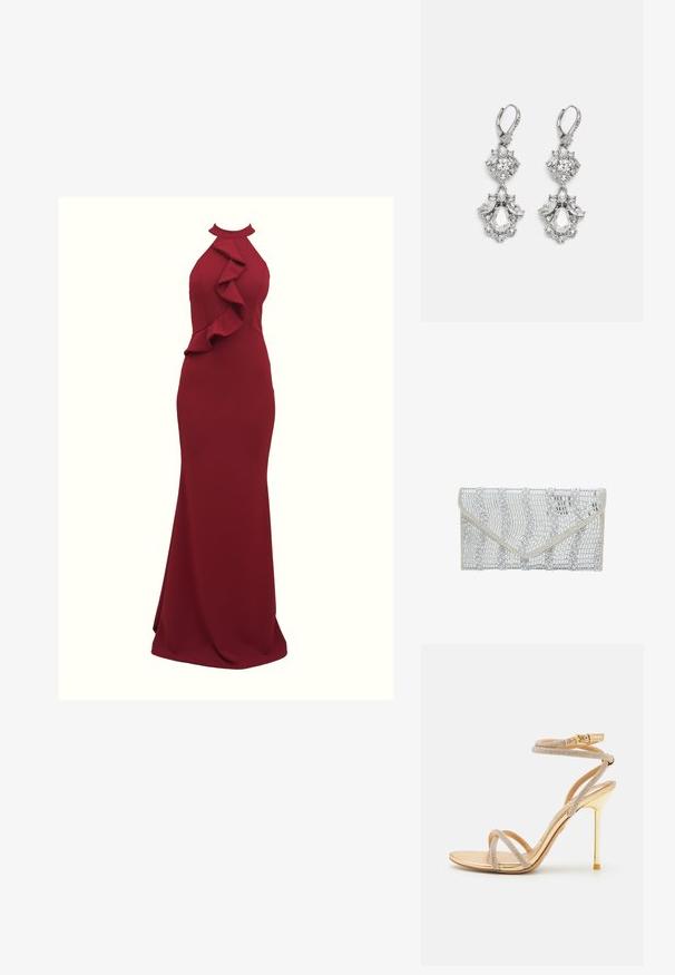 Burgundy halterneck kjole med flæset detalje på siden; tætsiddende silhuet; lavet af glat, strækbart stof; gulvlængde.; ALDO MANAELDEN - Højhælede sandaletter / Højhælede sandaler - gold-coloured; faina Clutches - silver coloured; Sølvfarvede øreringe med flere klare krystalgemstones i dråbe- og marquiseformer, med låse med bøjlestik og detaljeret udsmykning.