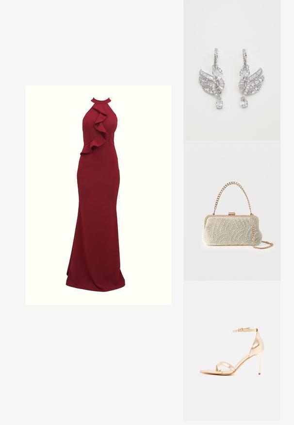 Vestido burdeos sin mangas con detalles en volantes a los lados; silueta ajustada; hecho de tela suave y elástica; diseño hasta el suelo.; Sandalia dorada de tacón alto con tira en el tobillo y punta abierta sobre un fondo claro y sencillo.; Pequeño bolso de mano rectangular para la noche cubierto de perlas blancas con marco metálico dorado y asas de cadena sobre un fondo liso.; Pendientes de plata con forma de cisnes, que presentan cristales transparentes, acentos de perlas y un diseño colgante con una gema en forma de lágrima.