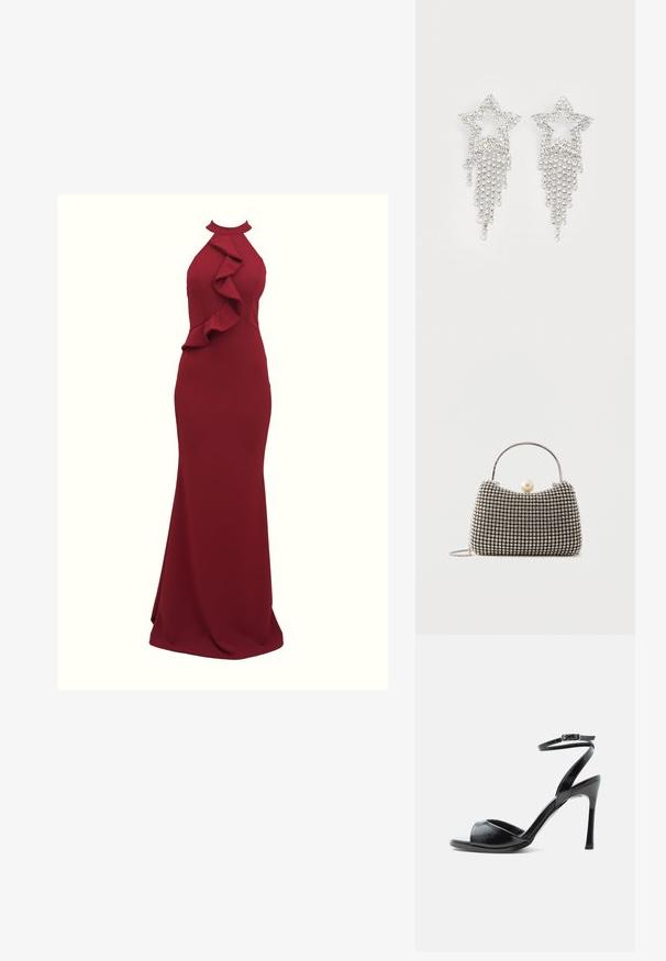 Burgunderfarbendes Neckholder-Kleid mit Rüschendetails an der Seite; figurbetonende Silhouette; aus glattem, dehnbarem Stoff gefertigt; bodenlanger Schnitt.; Schwarze Sandalette mit hohem Absatz, offenem Zehenbereich, schlankem Stiletto-Absatz und Knöchelriemen mit Schnalle vor weißem Hintergrund.; Kleine Handtasche mit silbernem Gittermuster, gebogenem Griff, großem Perlenverschluss und einem dünnen silbernen Kettenriemen auf schlichtem Hintergrund.; Glitzernde Sternohrringe mit herabhängendem Fransen-Detail, in silberner Farbe und mit einer glänzenden, reflektierenden Oberfläche. Sternform mit filigranem Design.
