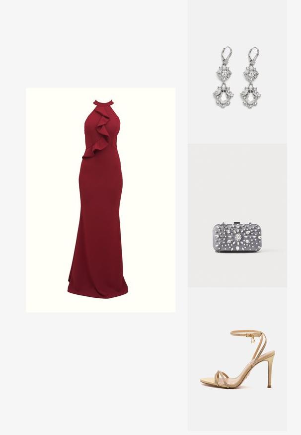 Burgundy halterneck kjole med flæset detalje på siden; tætsiddende silhuet; lavet af glat, strækbart stof; gulvlængde.; Beige sandal med høje hæle med tynde stropper pyntet med små rhinsten og en guld ankelspænde på en ensfarvet baggrund.; Lille rektangulær mørkegrå clutch pyntet med klare rhinsten i et strålende mønster og en sølvkæde som strop.; Sølvfarvede øreringe med flere klare krystalgemstones i dråbe- og marquiseformer, med låse med bøjlestik og detaljeret udsmykning.