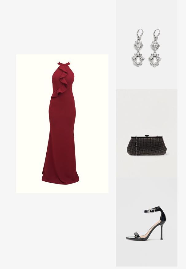 Bordeaux halterjurk met ruches aan de zijkant; aansluitende silhouet; gemaakt van gladde, rekbare stof; vloerlange ontwerp.; Zwarte sandalen met hoge hak van lakleer en een enkelriempje. Heeft een minimalistisch ontwerp, open teen en een gesp met strass-steentjes.; Zwarte mesh clutchbag met een gestructureerde silhouette, versierd met kleine metalen studs, heeft een sluiting met een klapmechanisme en een afneembare kettingriem.; Zilverkleurige oorbellen met meerdere heldere kristalgesteenten in druppel- en marquisevormen, met sluitingen met een leversysteem en ingewikkelde details.