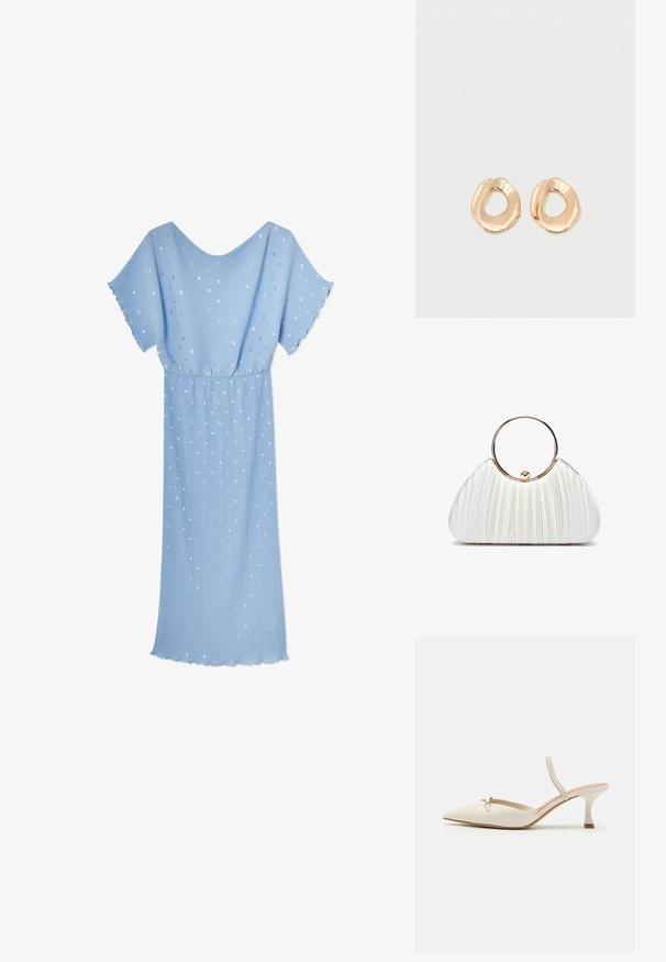 Vestido midi azul claro con mangas cortas acampanadas, cintura elástica, plisados verticales y un sutil patrón de puntos blancos y plateados dispersos.; ALDO NAILAH - Tacones - white/bone; Bolso de mano blanco plisado con un asa circular dorada, que presenta un tejido suave y una forma redondeada. Diseño elegante con un acabado texturizado.; Par de pendientes de aro de metal en tono dorado pulido, de forma irregular y con centro abierto, sobre un fondo blanco liso.