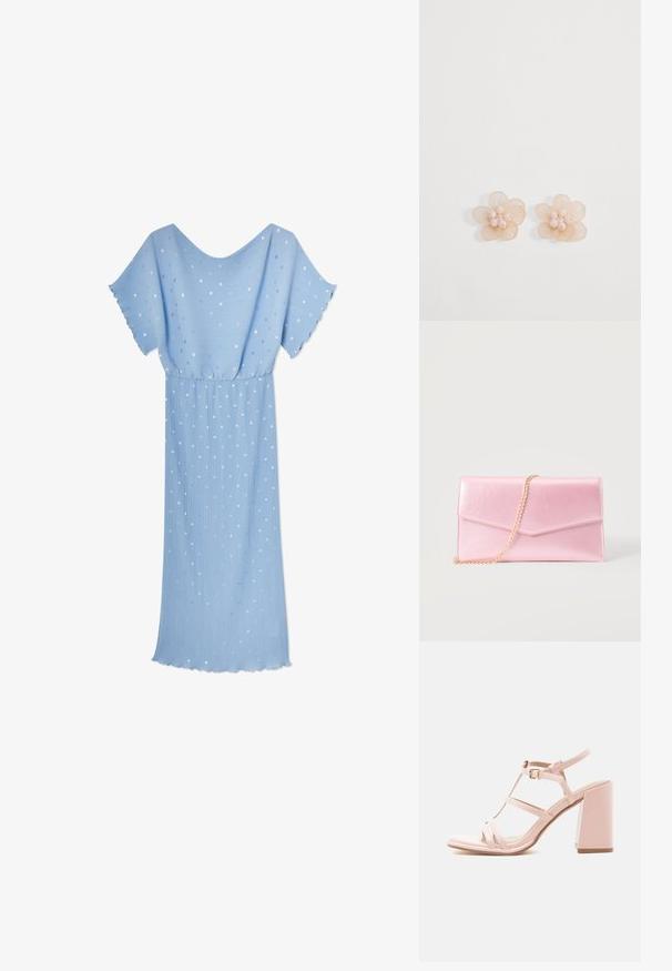 Vestido midi azul claro con mangas cortas acampanadas, cintura elástica, plisados verticales y un sutil patrón de puntos blancos y plateados dispersos.; Sandalia de tacón alto rosa con tacón ancho, correa en el tobillo, cierre de hebilla y múltiples tiras delgadas sobre el pie.; Cartera de mano rectangular rosa claro con solapa tipo sobre y una fina cadena dorada como correa sobre un fondo liso.; Par de pendientes de botón beige en forma de flor con pétalos translúcidos y pequeñas cuentas redondas agrupadas en el centro sobre un fondo blanco.